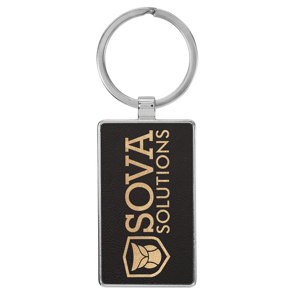 2 3/4" x 1 1/4" Engraved Faux Leather/Metal Black/Gold Rectangle Keychain - Black
