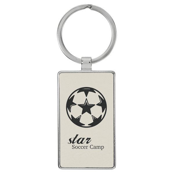 2 3/4" x 1 1/4" Engraved Faux Leather/Metal White Rectangle Keychain - White