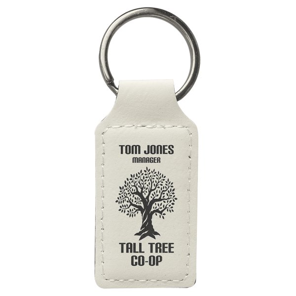 2 3/4" x 1 1/4" White Engraved Faux Leather Rectangle Keychain - White