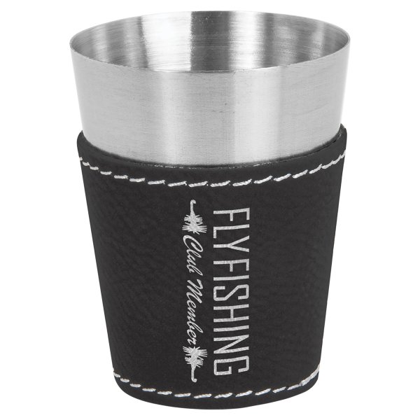 2 oz. Black/Silver Engraved Faux Leather & Stainless Steel Shot Glass - Black/Silver
