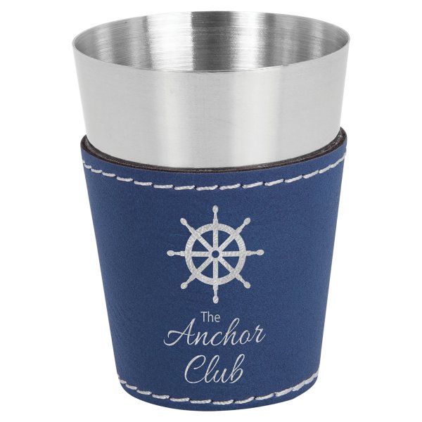 2 oz. Blue/Silver Engraved Faux Leather & Stainless Steel Shot Glass - Blue/Silver