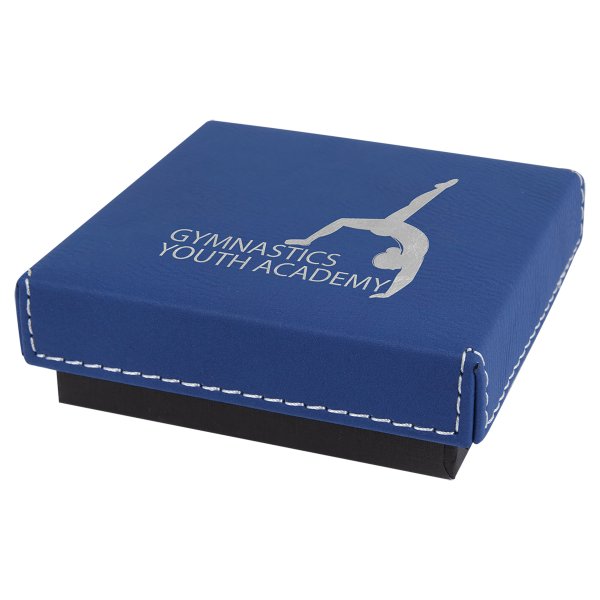 3 1/2" x 3 1/2" Blue/Silver Medal Box with Engraved Faux Leather Lid - Blue/Silver