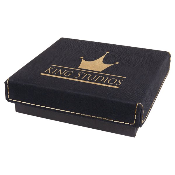 4" x 4" Black/Gold Medal Box with Engraved Faux Leather Lid - Black/Gold