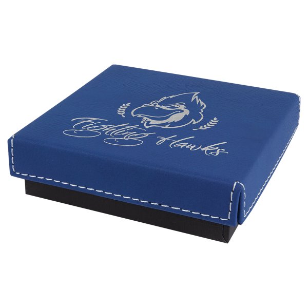 4" x 4" Blue/Silver Medal Box with Engraved Faux Leather Lid - Blue/Silver