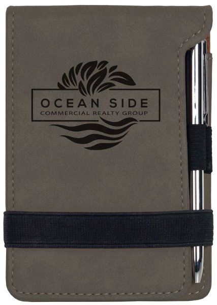 3 1/4" x 4 3/4" Gray Engraved Faux Leather Mini Notepad with Pen - Gray