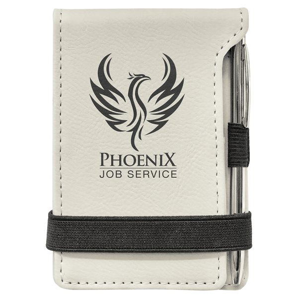 3 1/4" x 4 3/4" White Engraved Faux Leather Mini Notepad with Pen - White