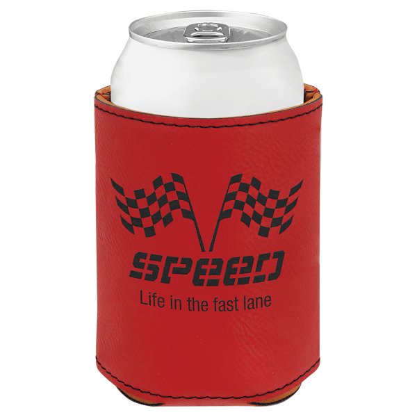 3 3/4" Red Engraved Faux Leather Beverage Holder - Red