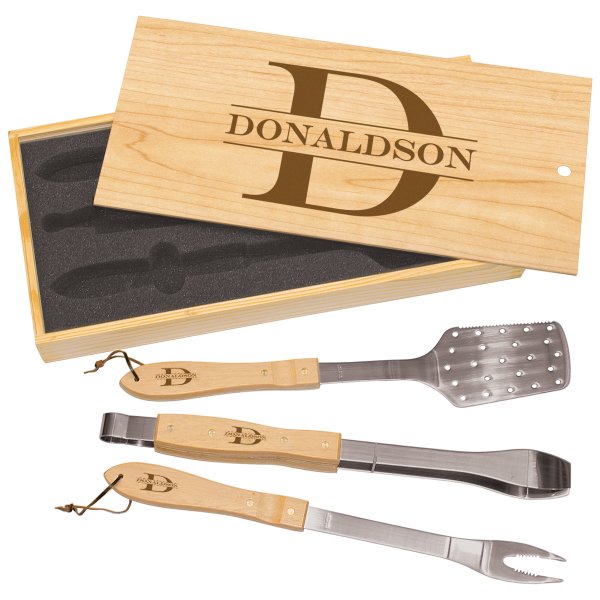3-Piece BBQ Set in Wooden Pine Box - Pine