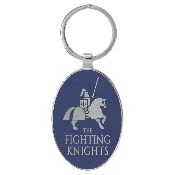 3" x 1 3/4" Engraved Faux Leather/Metal Blue/Silver Oval Keychain - Blue