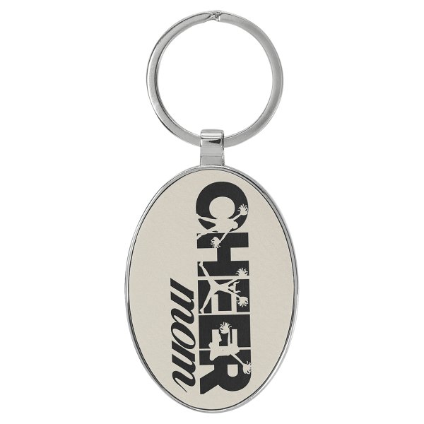 3" x 1 3/4" Engraved Faux Leather/Metal White/Black Oval Keychain - White