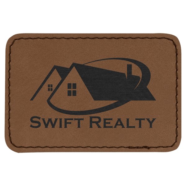 3" x 2" Dark Brown Engraved Faux Leather Rectangle Patch with Kota Pro Adhesive - Dark Brown