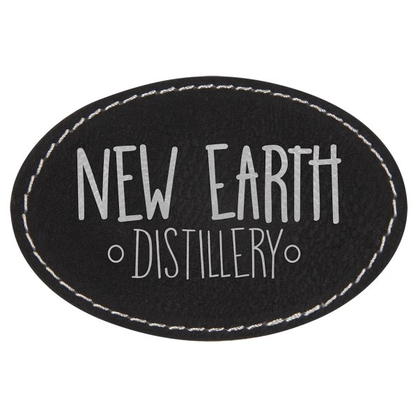 3" x 2" Oval Black/Silver Engraved Faux Leather Patch with Adhesive - Black