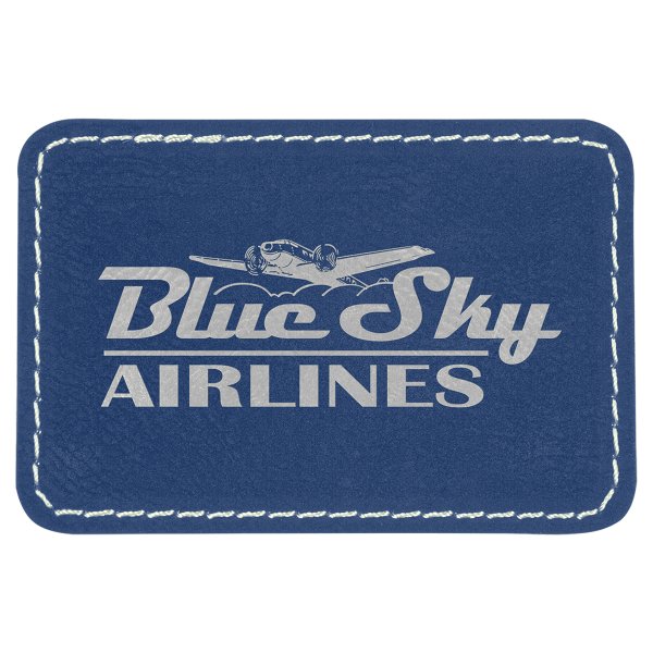 3" x 2" Rectangle Blue/Silver Engraved Faux Leather Patch with Adhesive - Blue