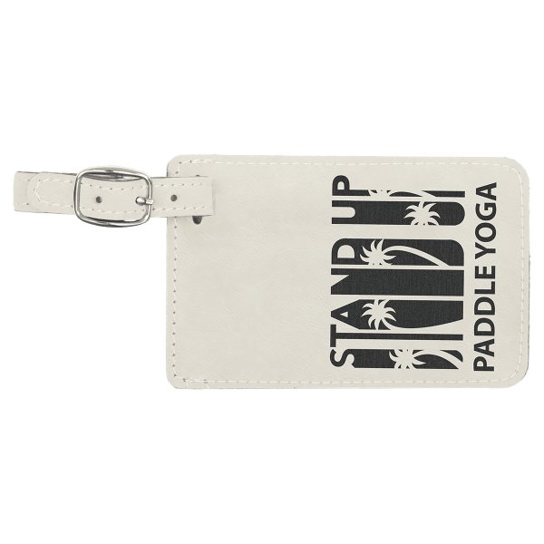 4 1/4" x 2 3/4" White/Black Engraved Faux Leather Luggage Tag - White