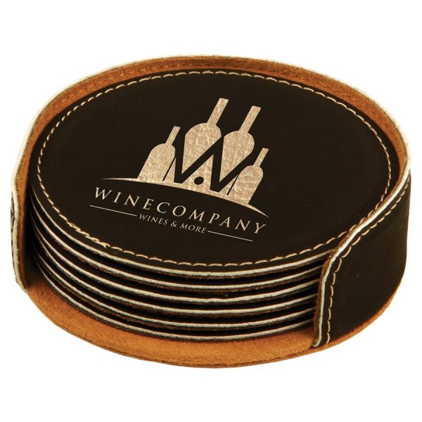 4" Black/Gold Round Engraved Faux Leather 6-Coaster Set - Black
