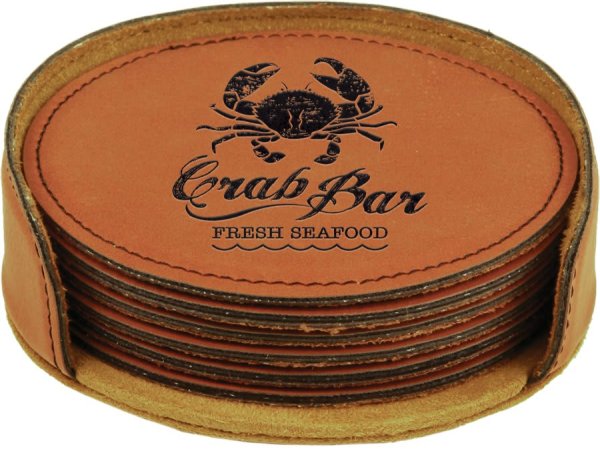 4" Rawhide Round Engraved Faux Leather 6-Coaster Set - Rawhide