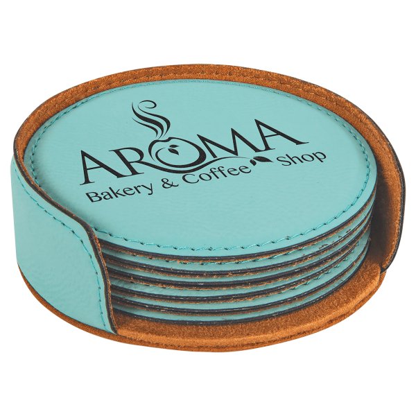 4" Teal Round Engraved Faux Leather 6-Coaster Set - Teal