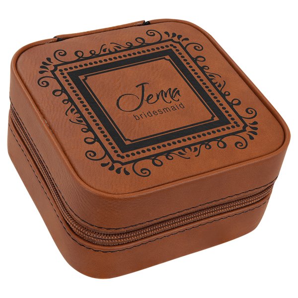 4" X 4" Rawhide Engraved Faux Leather Travel Jewelry Box with Tan Lining - Rawhide