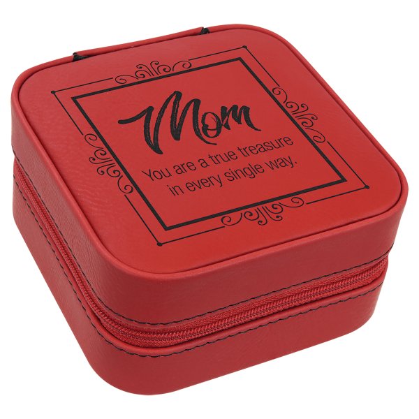 4" X 4" Red Engraved Faux Leather Travel Jewelry Box with Tan Lining - Red
