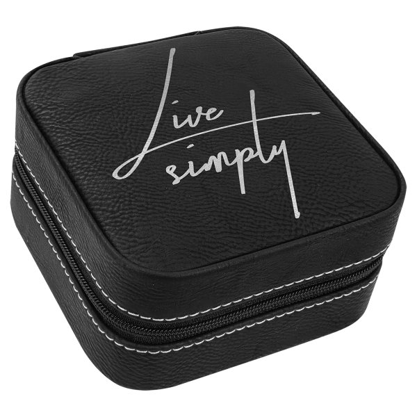 4" X 4" Black/Silver Engraved Faux Leather Travel Jewelry Box with Black Lining - Black
