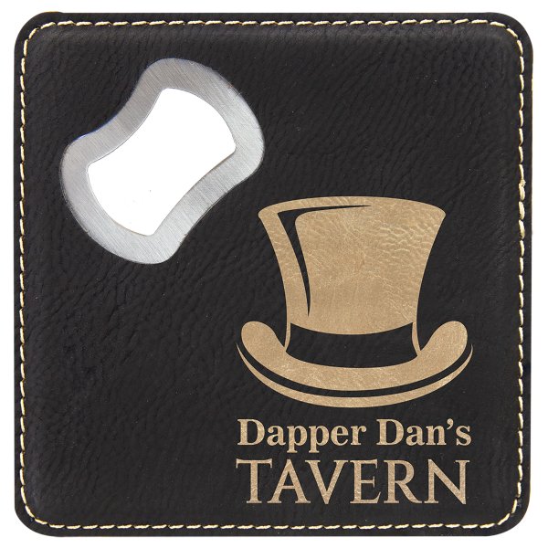 4" x 4" Square Black/Gold Engraved Faux Leather Bottle Opener Coaster - Black