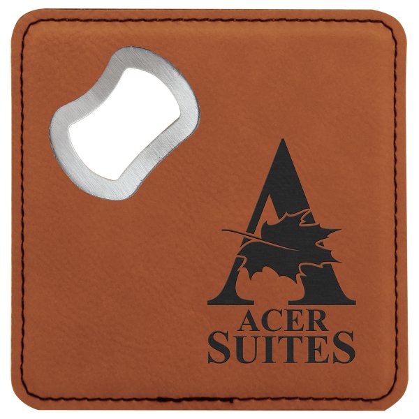 4" x 4" Square Rawhide Engraved Faux Leather Bottle Opener Coaster - Rawhide