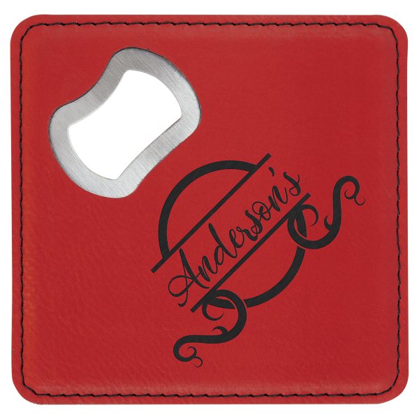 4" x 4" Square Red Engraved Faux Leather Bottle Opener Coaster - Red