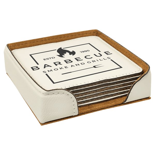 4" x 4" White Square Engraved Faux Leather 6-Coaster Set - White