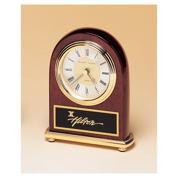 4" x 5" Rosewood Arch Piano Finish Clock, Brass Base, Diamond Spun Dial, 3 Hand Movement with Black Custom Engraved Plate - Rosewood/Black/Gold
