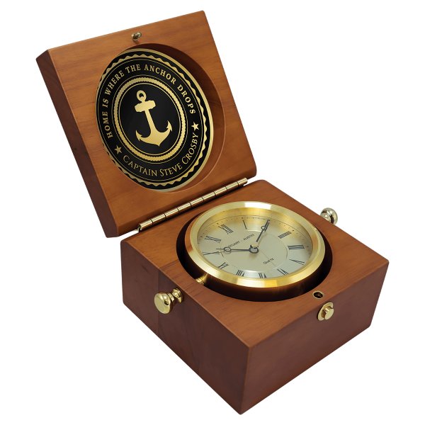 5 1/2" x 5 1/2" Mahogany Finish Captain's Clock, Brass Clock Housing, 4 1/4" Diameter Brass Disc/Plate - Mahogany/Brass