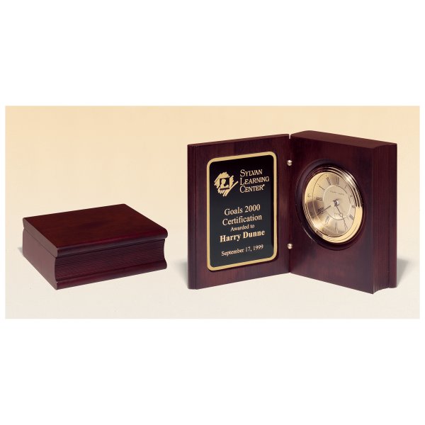 5 3/8" x 4 1/4" Hand Rubbed Mahogany Finish Book Clock w/Gold Spun Dial, 3 Hand Movement, Plate - Mahogany/Gold/Black