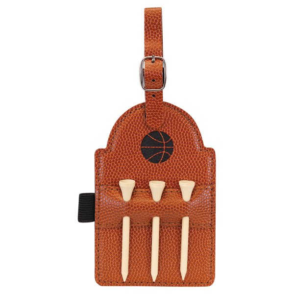 5" x 3 1/4" Basketball Engraved Faux Leather Golf Bag Tag with 3 Wooden Tees - Brown