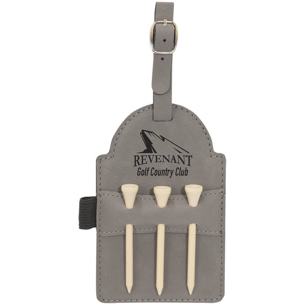 5" x 3 1/4" Gray Engraved Faux Leather Golf Bag Tag with 3 Wooden Tees - Gray
