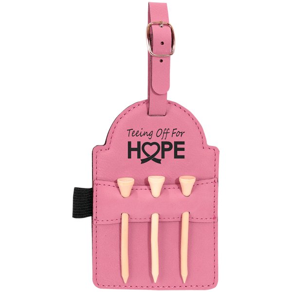 5" x 3 1/4" Pink Engraved Faux Leather Golf Bag Tag with 3 Wooden Tees - Pink