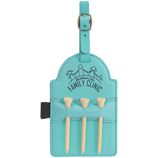 5" x 3 1/4" Teal Engraved Faux Leather Golf Bag Tag with 3 Wooden Tees - Teal