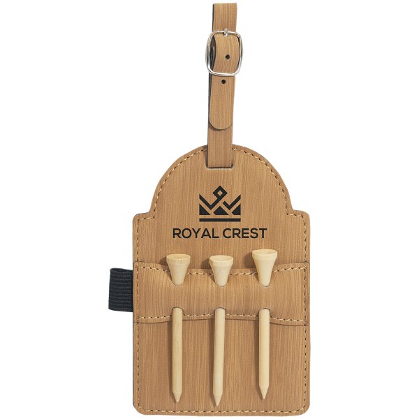 5" x 3 1/4" Bamboo Engraved Faux Leather Golf Bag Tag with 3 Wooden Tees - Bamboo
