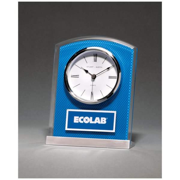 5" x 6 1/2" Glass Clock with Blue Carbon Fiber Design on Aluminum Base and Laser Engravable Plate - Blue/Silver/Clear