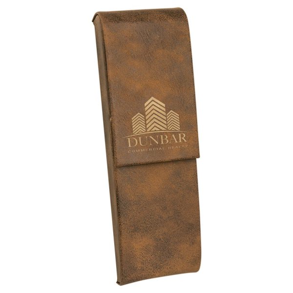 6 1/2" x 2" Rustic/Gold Engraved Faux Leather Double Pen Case - Rustic