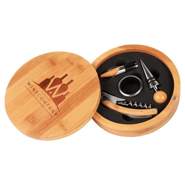 6 1/4" Round Bamboo 4-Piece Wine Tool Set - Bamboo