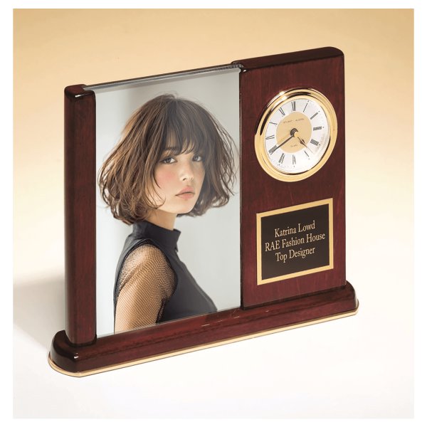 6 3/4" x 8 1/2" Rosewood Piano Finish Clock with Glass Picture Frame/Black Plate - Rosewood/Gold/Black