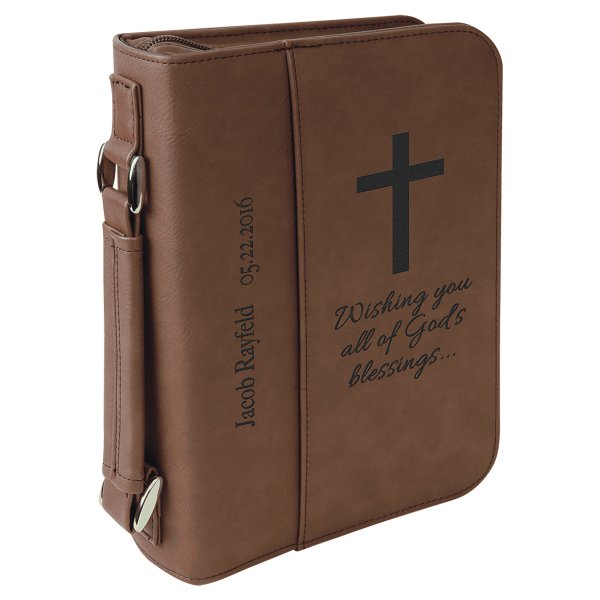 6 3/4" x 9 1/4" Dark Brown Leatherette Book/Bible Cover with Handle & Zipper - Dark Brown/Black