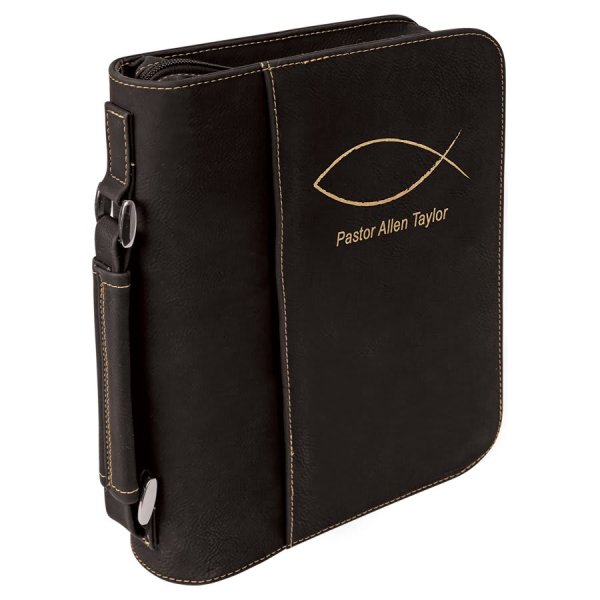 7 1/2" x 10 3/4" Black/Gold Leatherette Book/Bible Cover with Handle & Zipper - Black/Gold