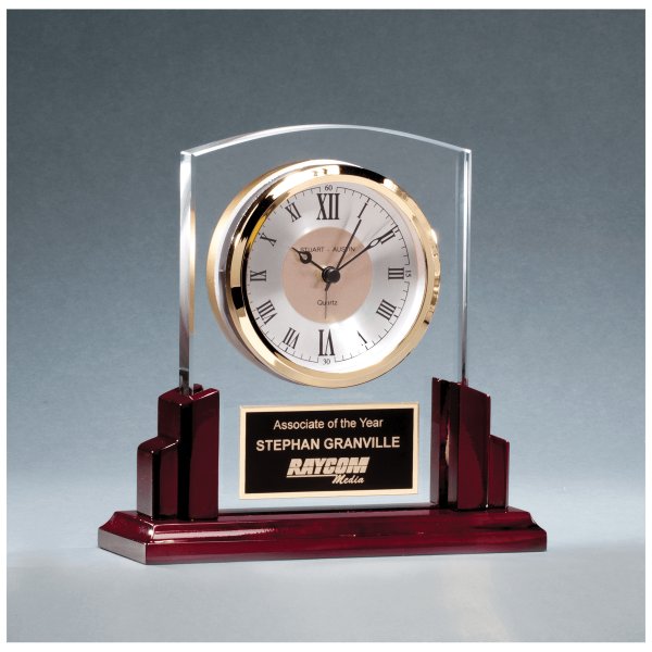 6 5/8" x 6 1/2" Glass Clock with Rosewood High Gloss Base, Black Aluminum Plate - Clear/Rosewood/Gold