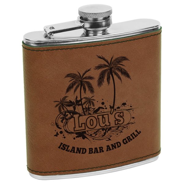 6 oz. Dark Brown Engraved Faux Leather Stainless Steel Flask - Dark Brown
