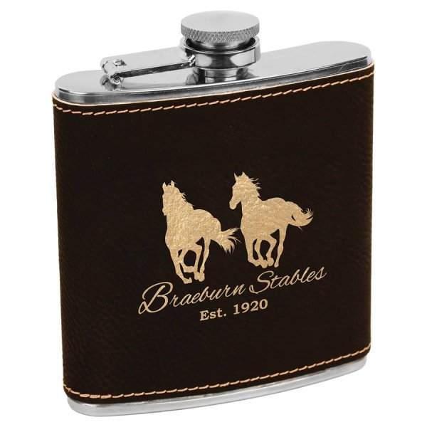 6 oz. Black/Gold Engraved Faux Leather Stainless Steel Flask - Black