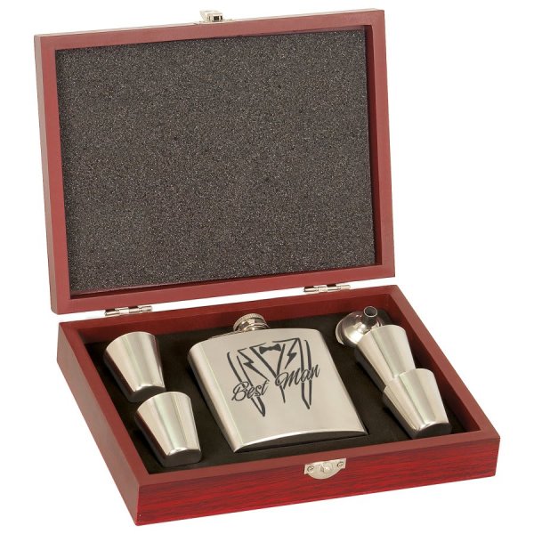 6 oz. Stainless Steel Flask Set in Wood Presentation Box - Stainless Steel