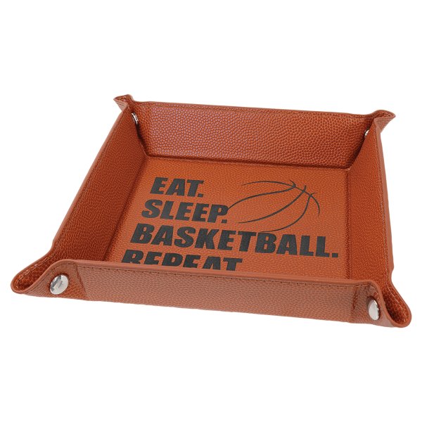 6" x 6" Basketball Engraved Faux Leather Snap Up Tray with Silver Snaps - Orange
