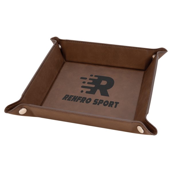6" x 6" Dark Brown Engraved Faux Leather Snap Up Tray with Silver Snaps - Dark Brown