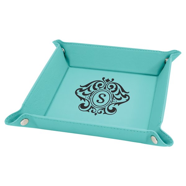 6" x 6" Teal Engraved Faux Leather Snap Up Tray with Silver Snaps - Teal