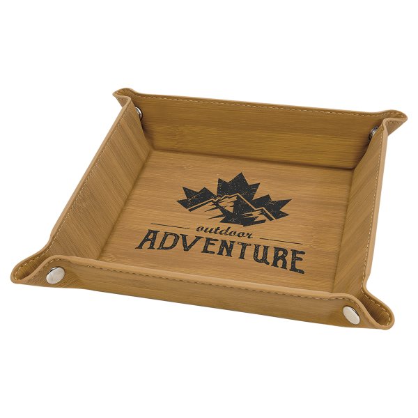 6" x 6" Bamboo Engraved Faux Leather Snap Up Tray with Silver Snaps - Bamboo